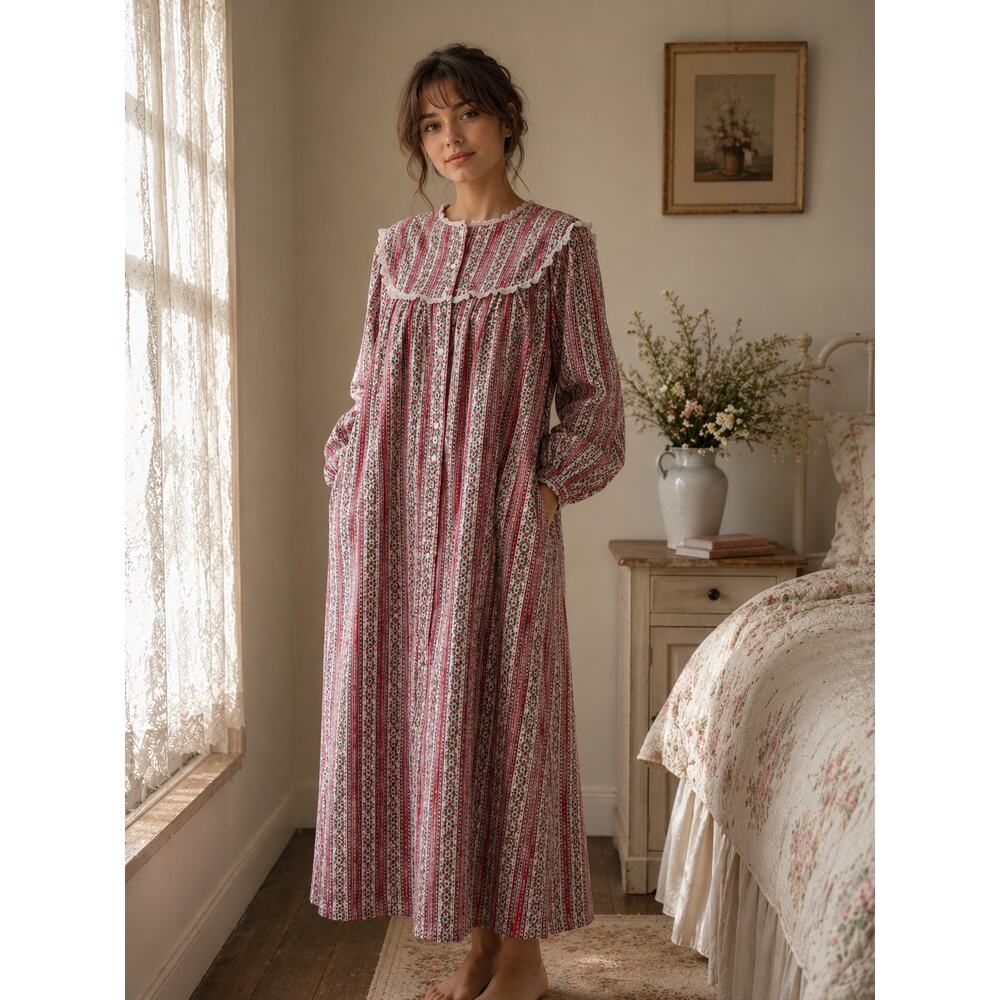 Vintage Lanz Of Salzburg Long Sleeve Floral Stripe Flannel Maxi Nightgown Size M